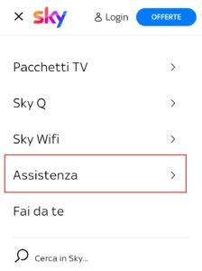 Assistenza Sky tasto nel menù del sito mobile
