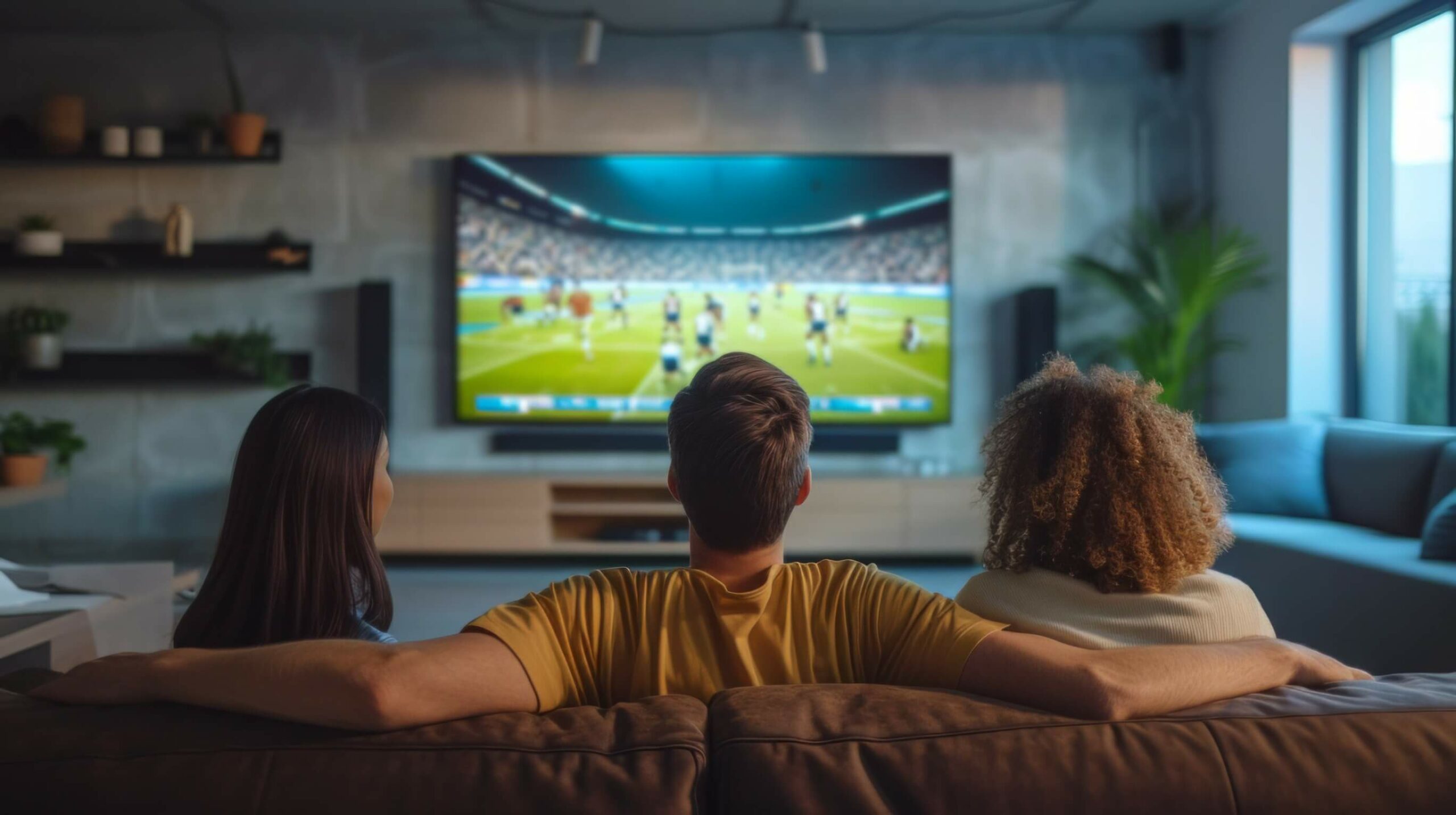 persone sedute davanti a una tv che trasmette partita di calcio
