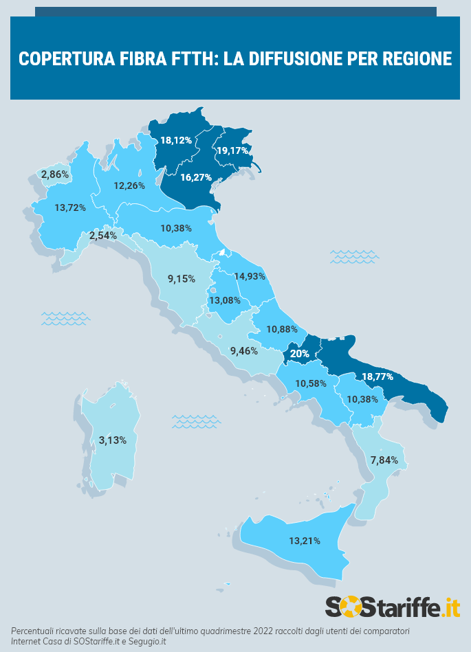 cartina Italia con diffusione fibra FTTH
