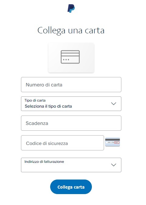 Schermata collega una carta a PayPal