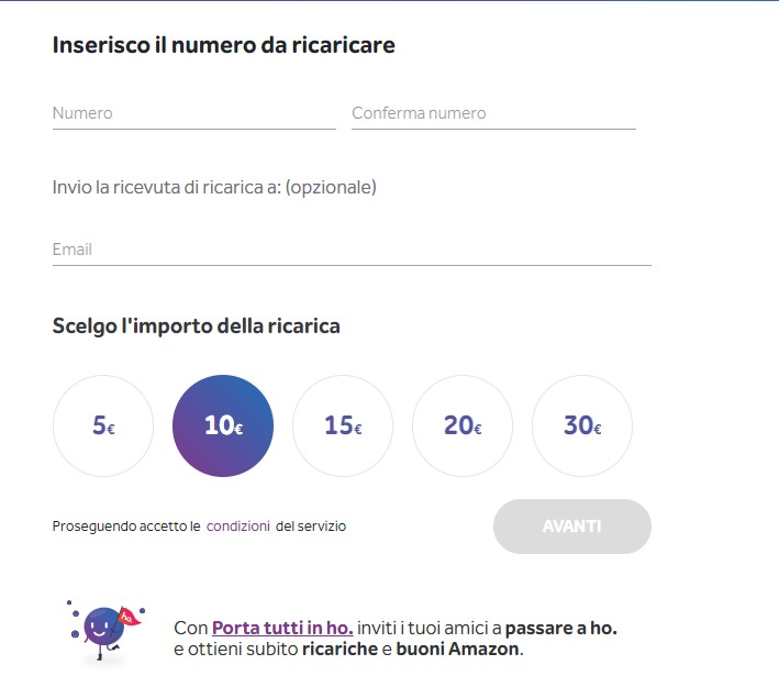 Tagli di ricarica ho mobile area personale