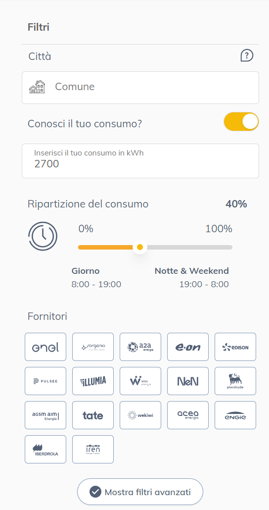 Filtri avanzati per scegliere l'offerta luce più conveniente e adatta alle proprie esigenze