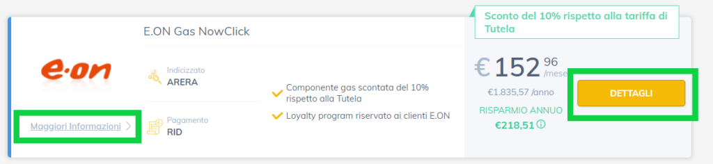 Specchietto offerta gas come trovare le voci 'Maggiori informazioni' e 'Dettagli'