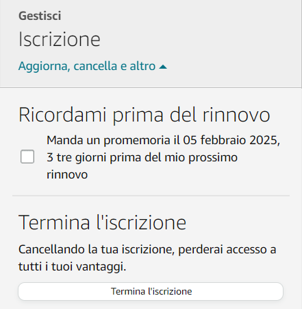 Amazon gestione iscrizione e cancellazione