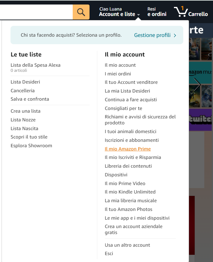 Amazon menù gestione account personale