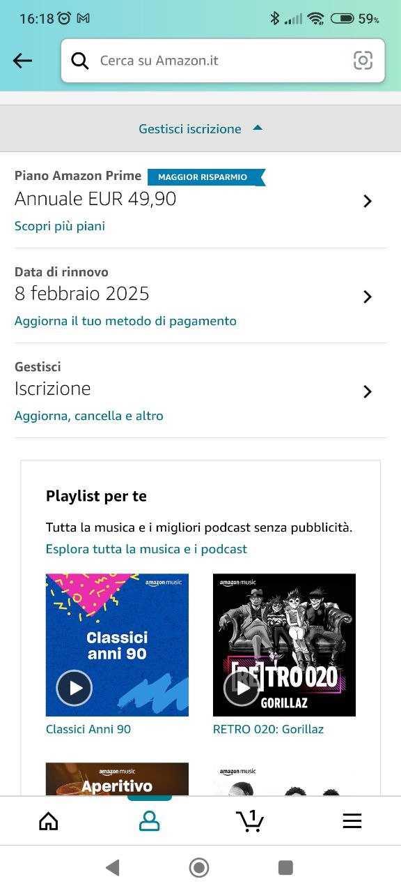 Amazon Prime menù gestione profilo